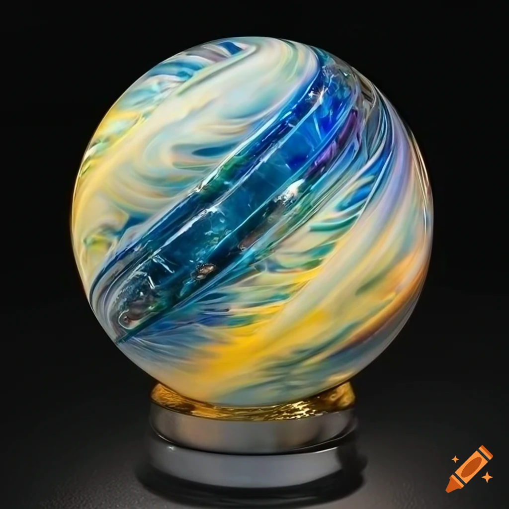 Sculpted sphere with opalescent marble, rubies, and sapphires in cinematic lighting