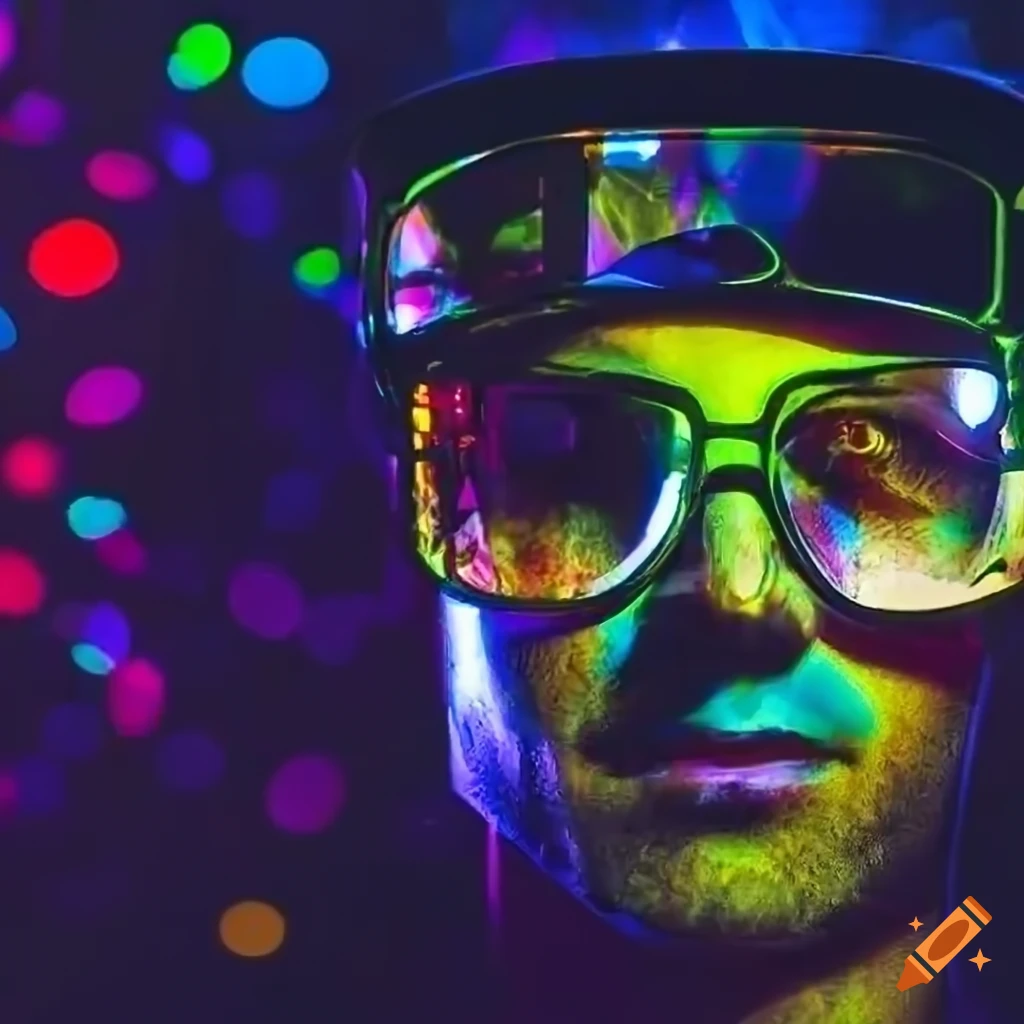Athletic man with glasses in a prismatic room with colorful lighting