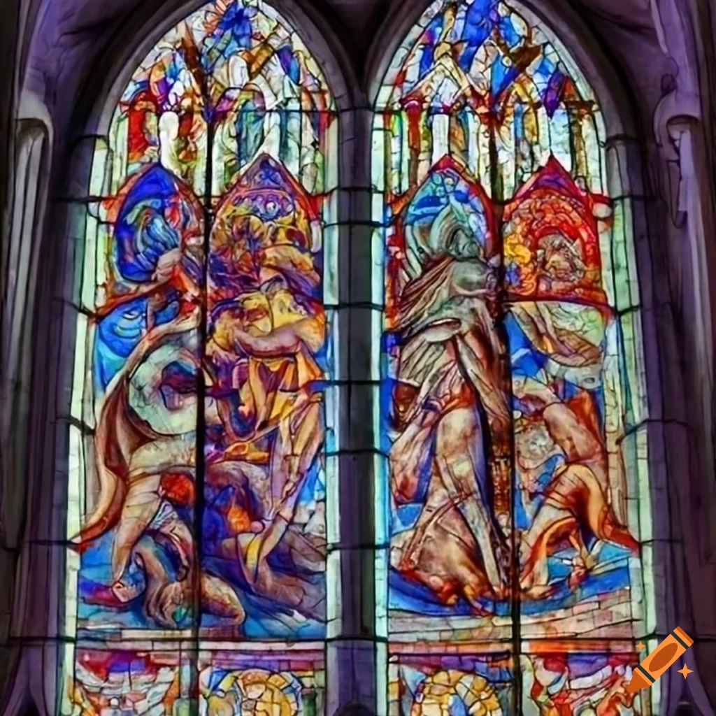 Cathedral window with demon praying mosaic art