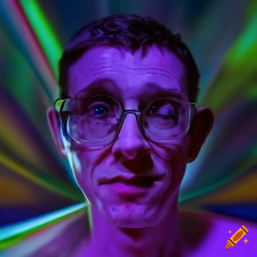 PhotoRealistic image of a man with glasses in a prismatic room