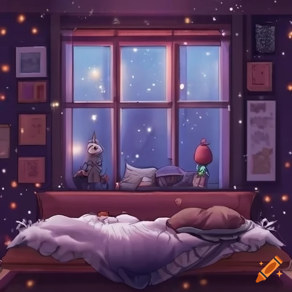 Cozy anime style bedroom with a winter view from the window