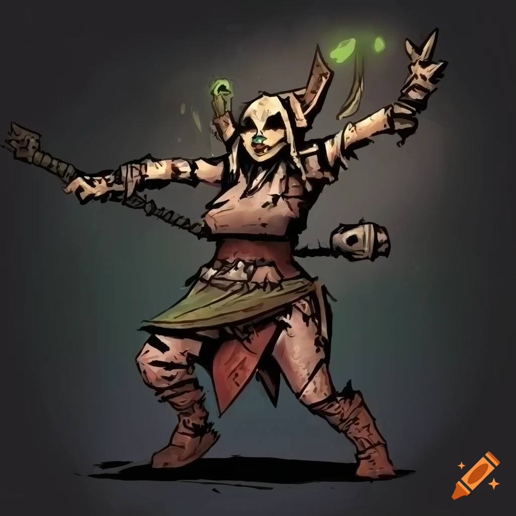Darkest Dungeon druid in dynamic pose with dark Diablo-style background