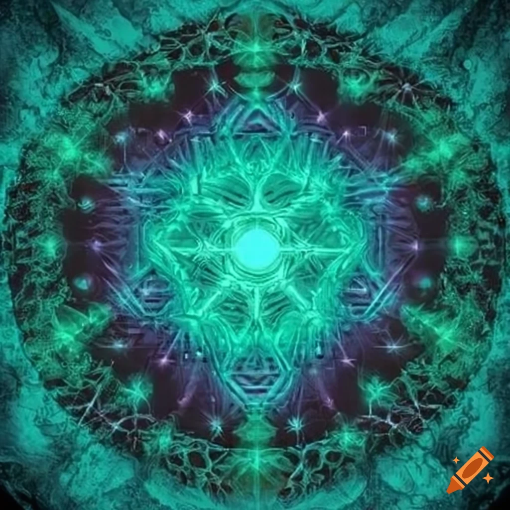 Glowing neon sacred geometry in teal and emerald colors