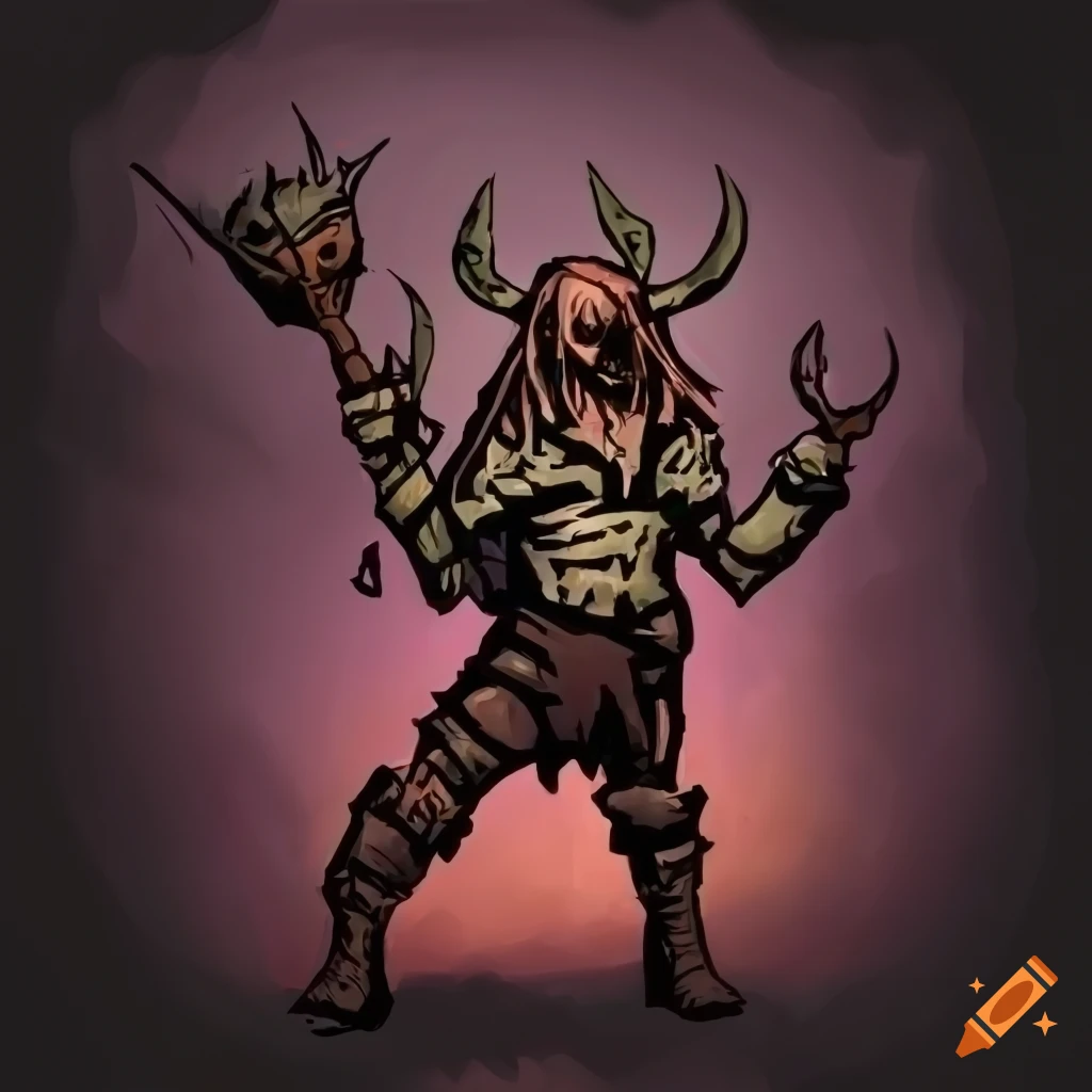 Darkest Dungeon druid in dynamic pose with dark Diablo-style background