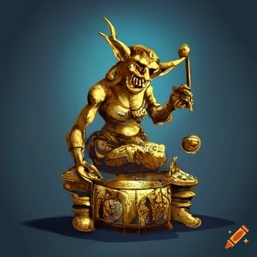 Gold goblin statue in a treasure hoard in fantasy art style