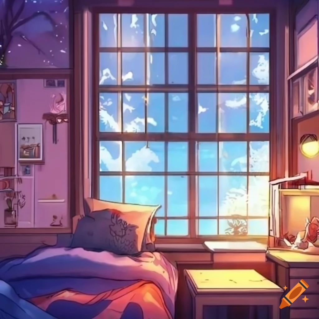 Cozy anime style bedroom with a winter view from the window