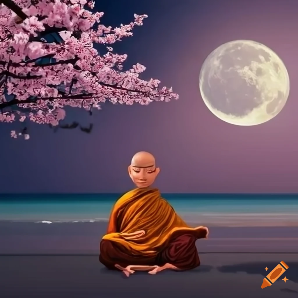 Monk meditating under cherry blossom tree by the sea under the moonlight