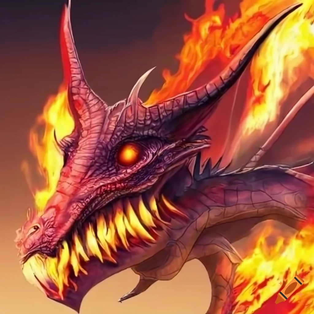 Scary dragon creature with long sharp claws, fangs, and fiery wings