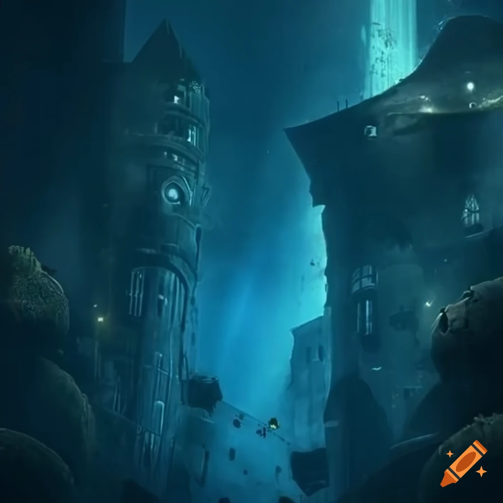 Underwater city with atmospheric lighting and a submarine