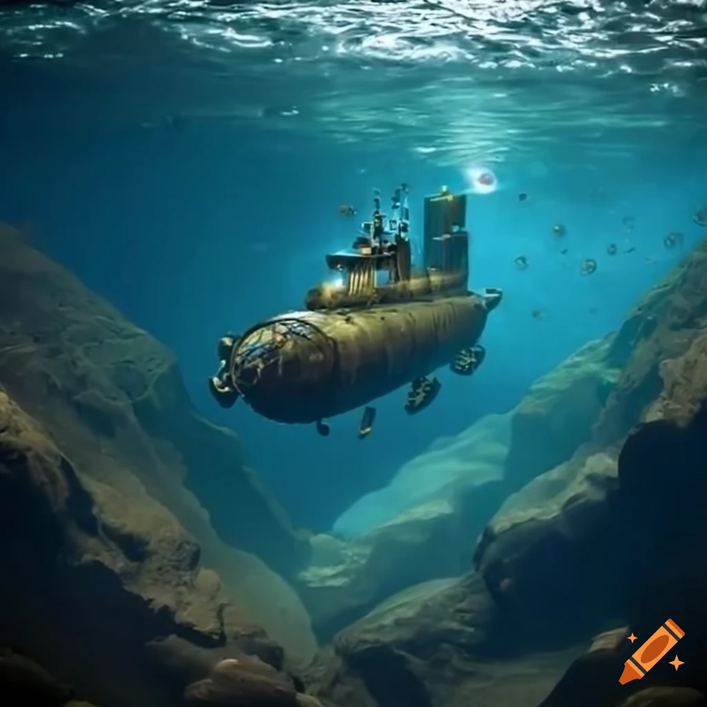 Wide deep sea canyon with steampunk submarine and bubbles
