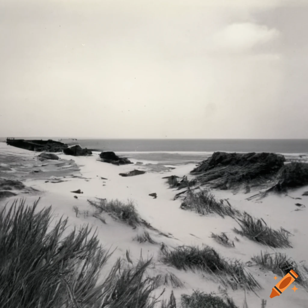 View of Juno Beach sand dunes with bunkers, barb wire, allied troops, and naval warships in 1945