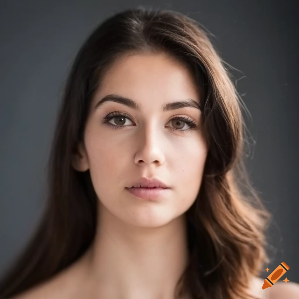 Headshot of a beautiful 23-year-old Spanish woman with serious expression