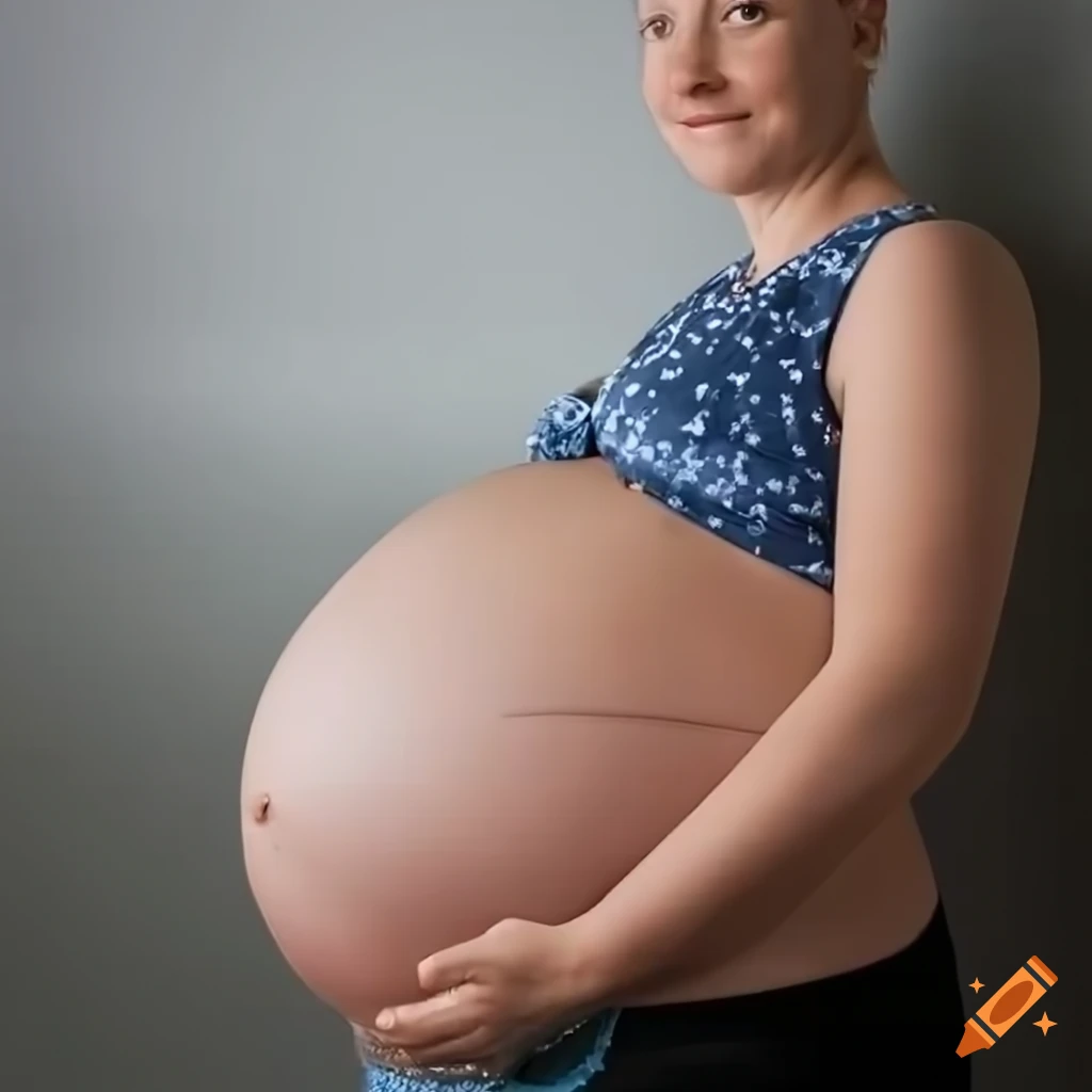 Pregnant woman looking at her reflection with a large belly