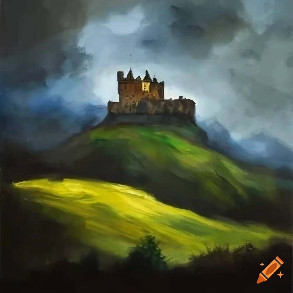Dramatic illustration of a Scottish castle amidst rolling hills in a rain storm