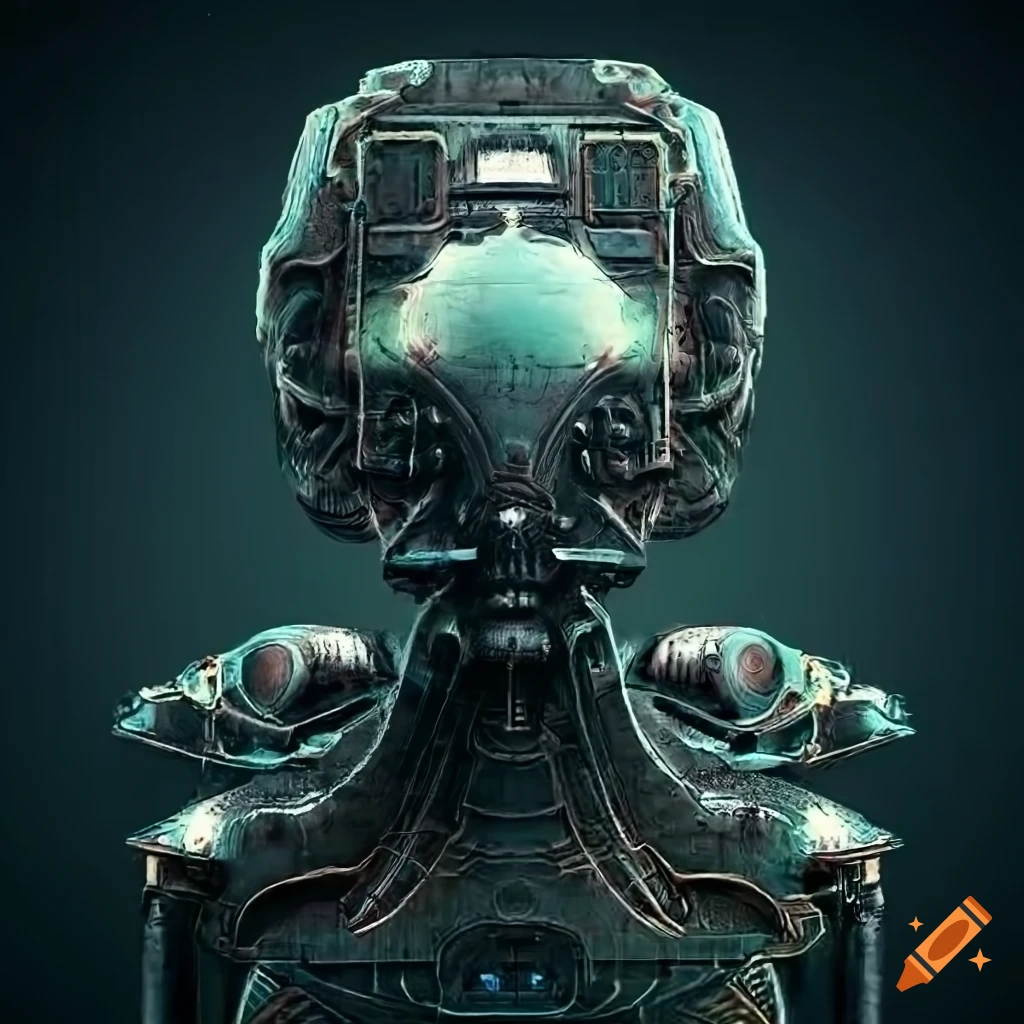 Surrealist aliens inside an asymmetrical organic spaceship with strange machines and light boards