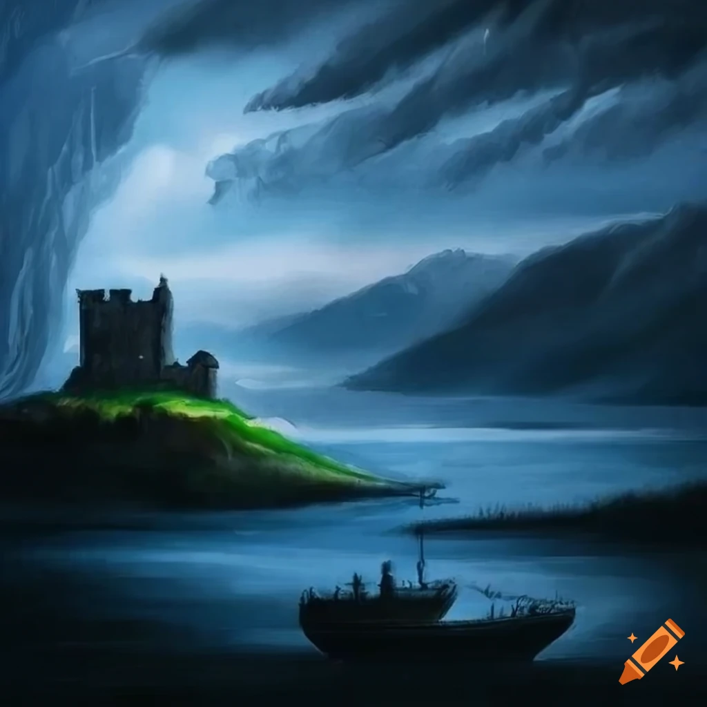Approaching lightning storm at a Scottish lakeside castle with hills in the background