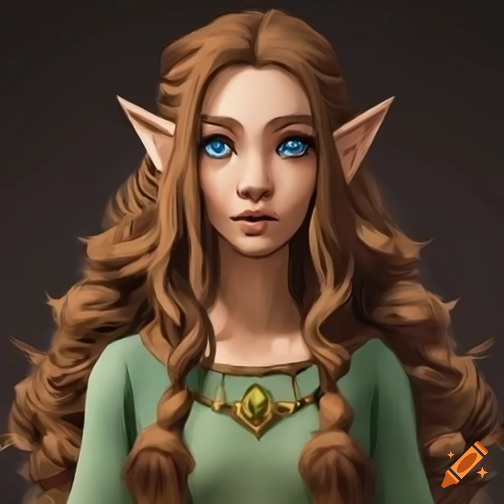 Character inspired by Zelda with wavy brown hair and sage green attire