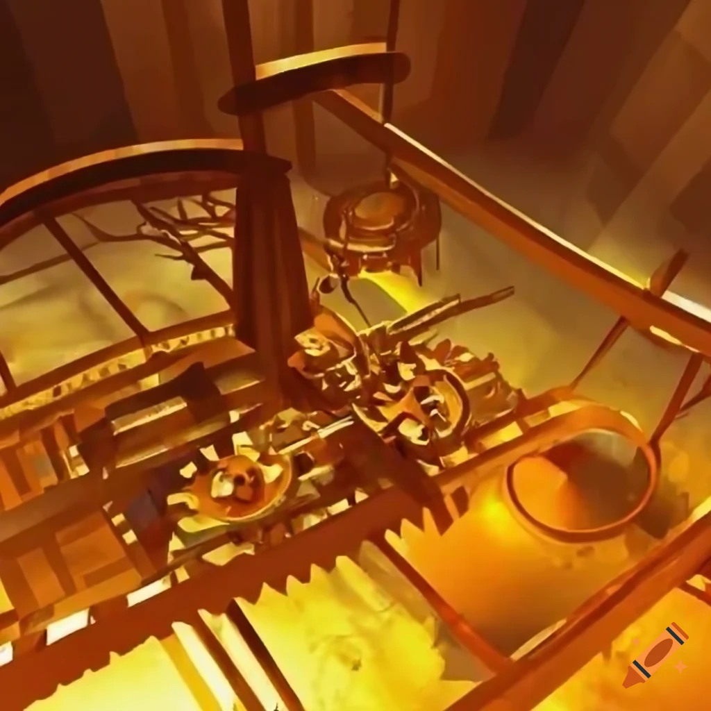 A large pit filled with liquid gold and clockwork machinery