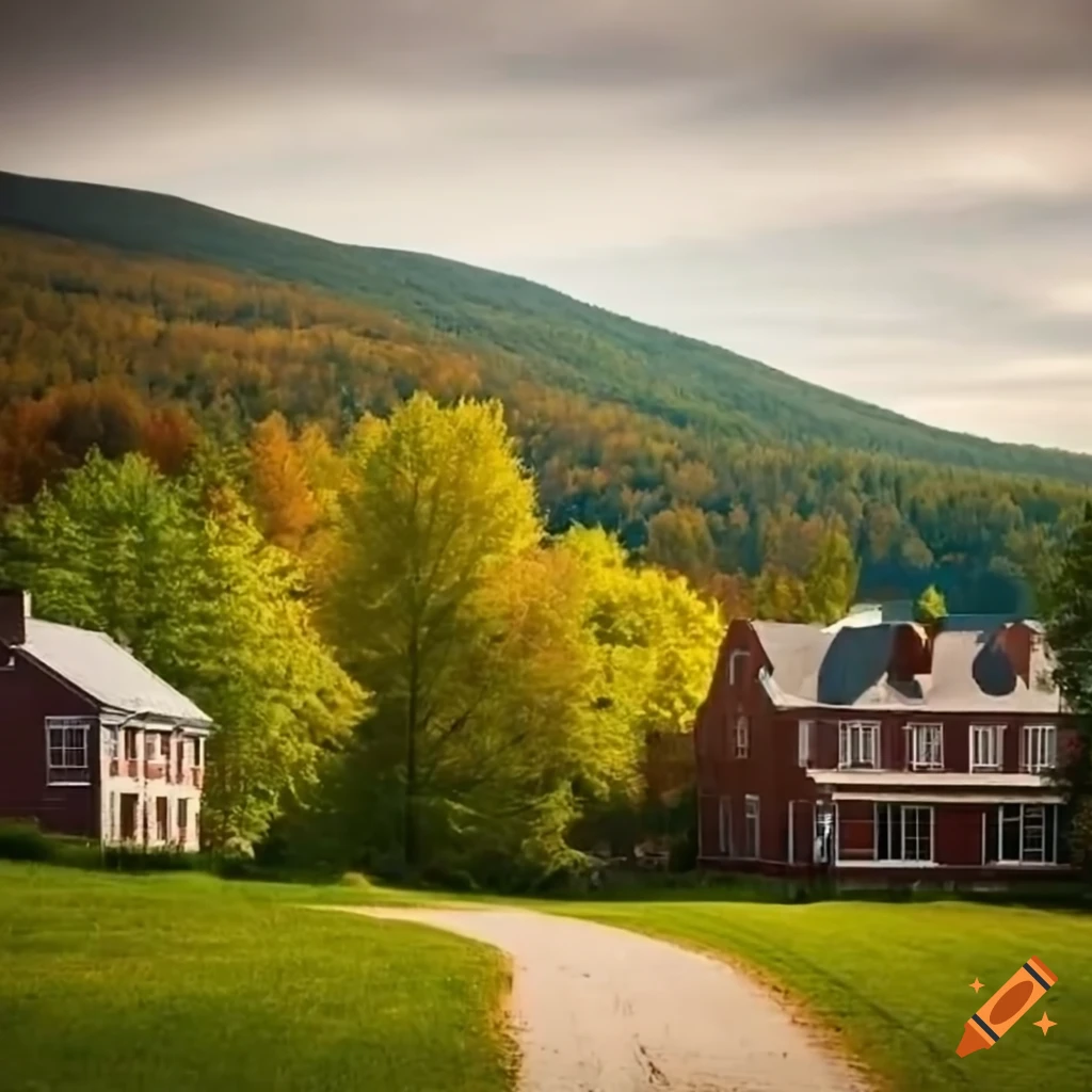 Vermont college campus with paths and old farmhouse buildings