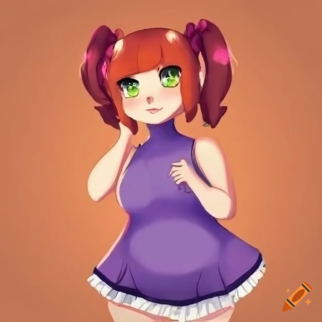 Chubby anthropomorphic duck girl with red hair and green eyes in Disney style