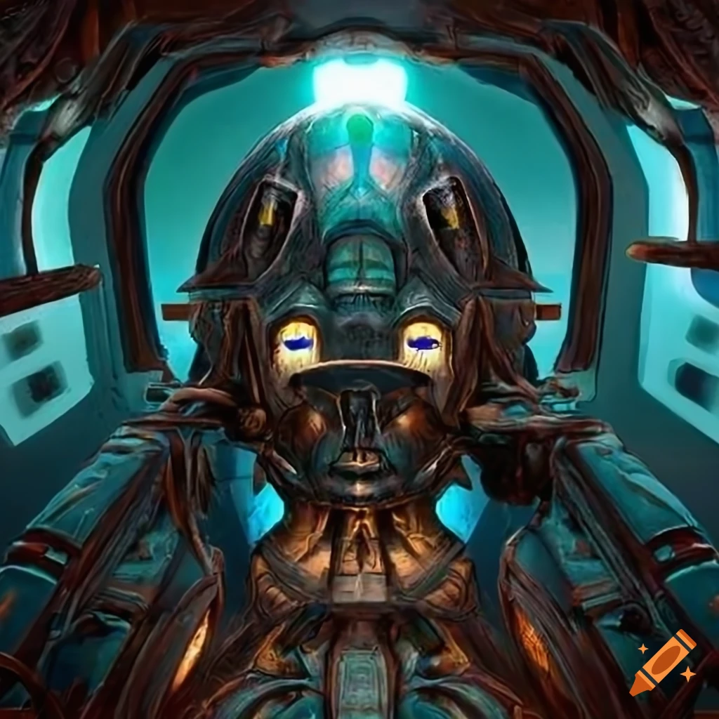 Surrealist aliens inside an organic spaceship with strange machines and light boards