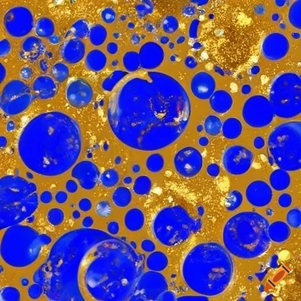 Abstract bubbles of lapis lazuli color and gold flakes with swirls