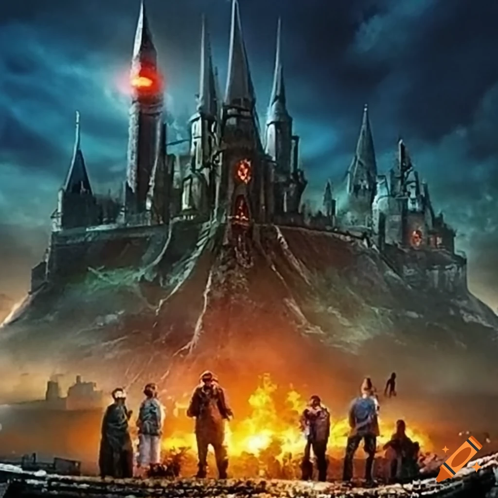 High fantasy movie poster with monsters, heroes, and a dark castle