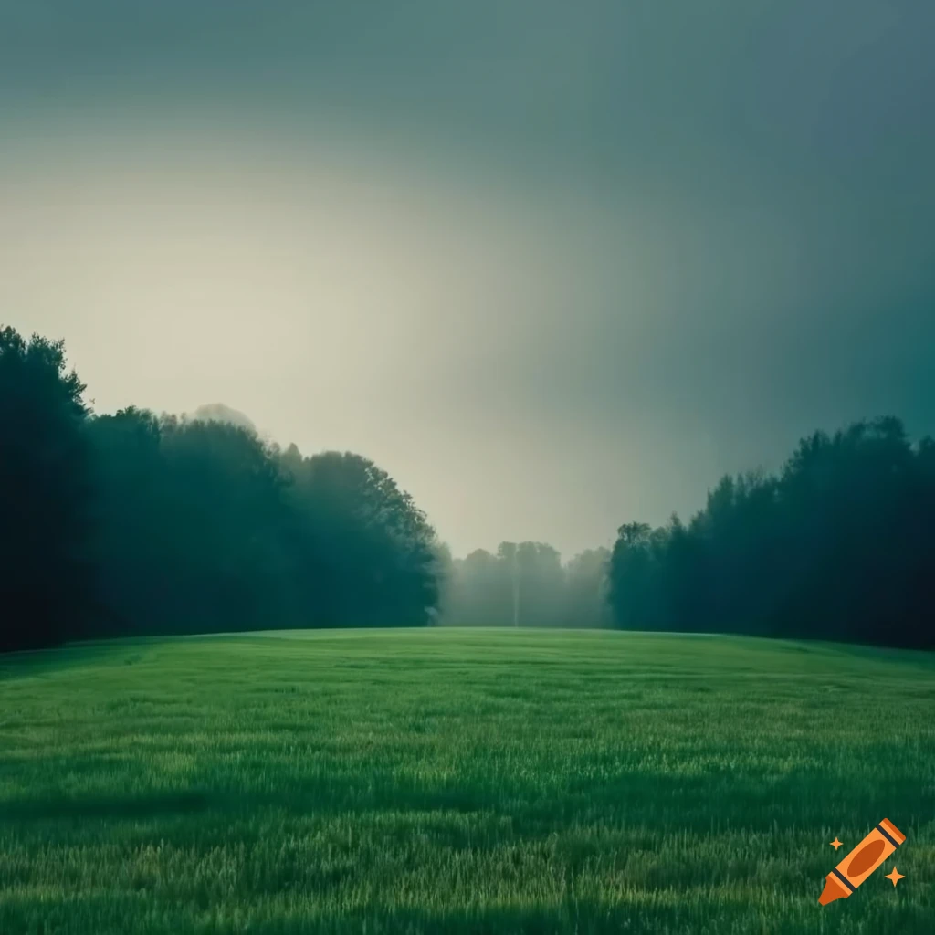 Gloomy rectangular field surrounded by trees in Ohio with cloudy sky on ...