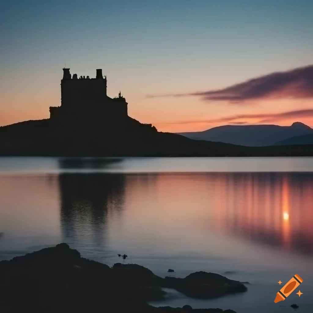Beautiful sunset with Scottish castle by the lake and rolling hills