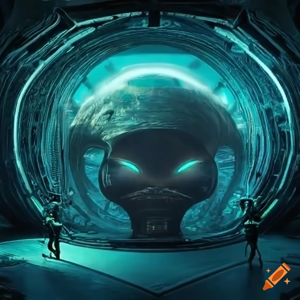 Surrealist aliens inside an organic spaceship with strange machines and light boards