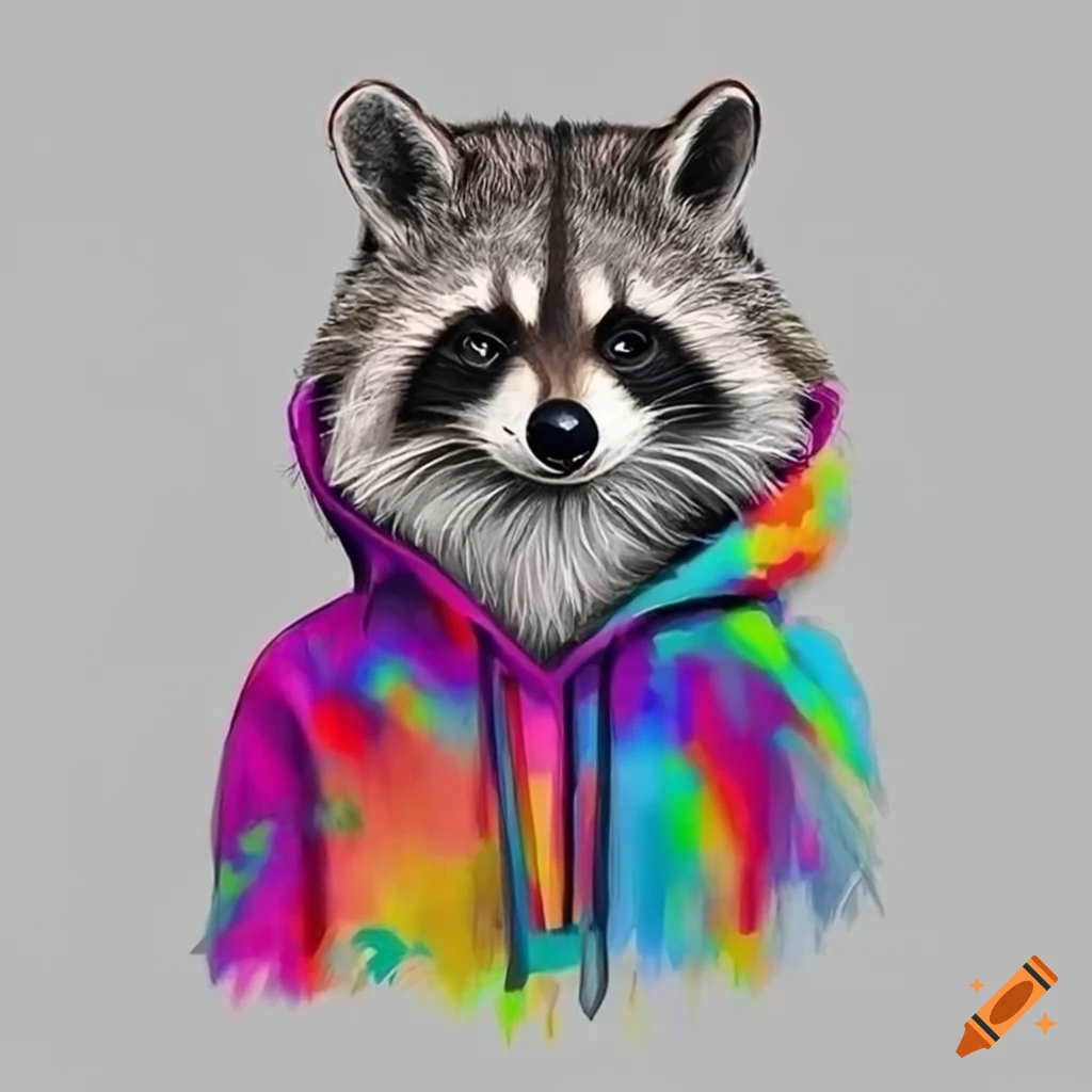 Adorable raccoon in vibrant hoodie in colored pencil art