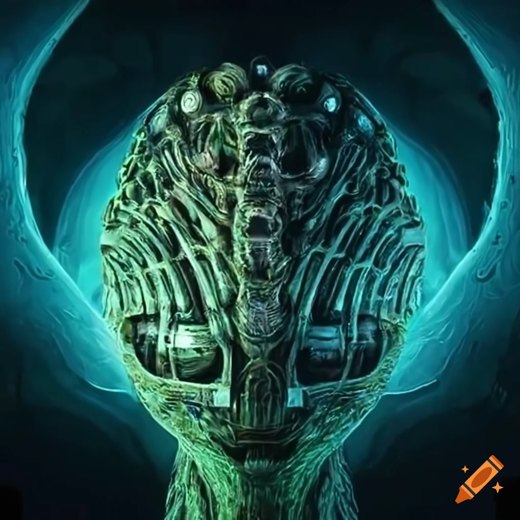Surrealist scene with aliens inside an organic spaceship with strange machines