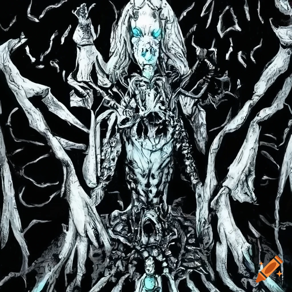 Undead ice queen on throne surrounded by corpses and zombies in a dark fantasy painting