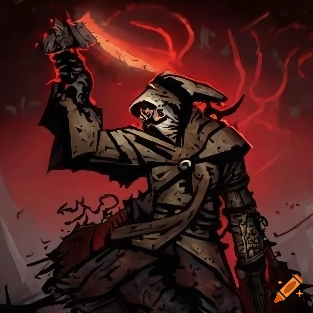 Highly detailed wizard in fighting stance with Darkest Dungeon style, red and black background