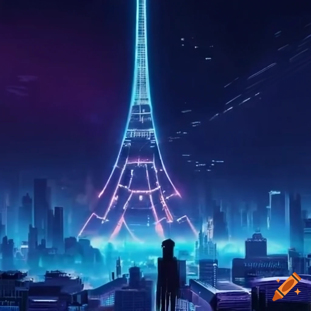 Eiffel Tower in front of neon futuristic cityscape