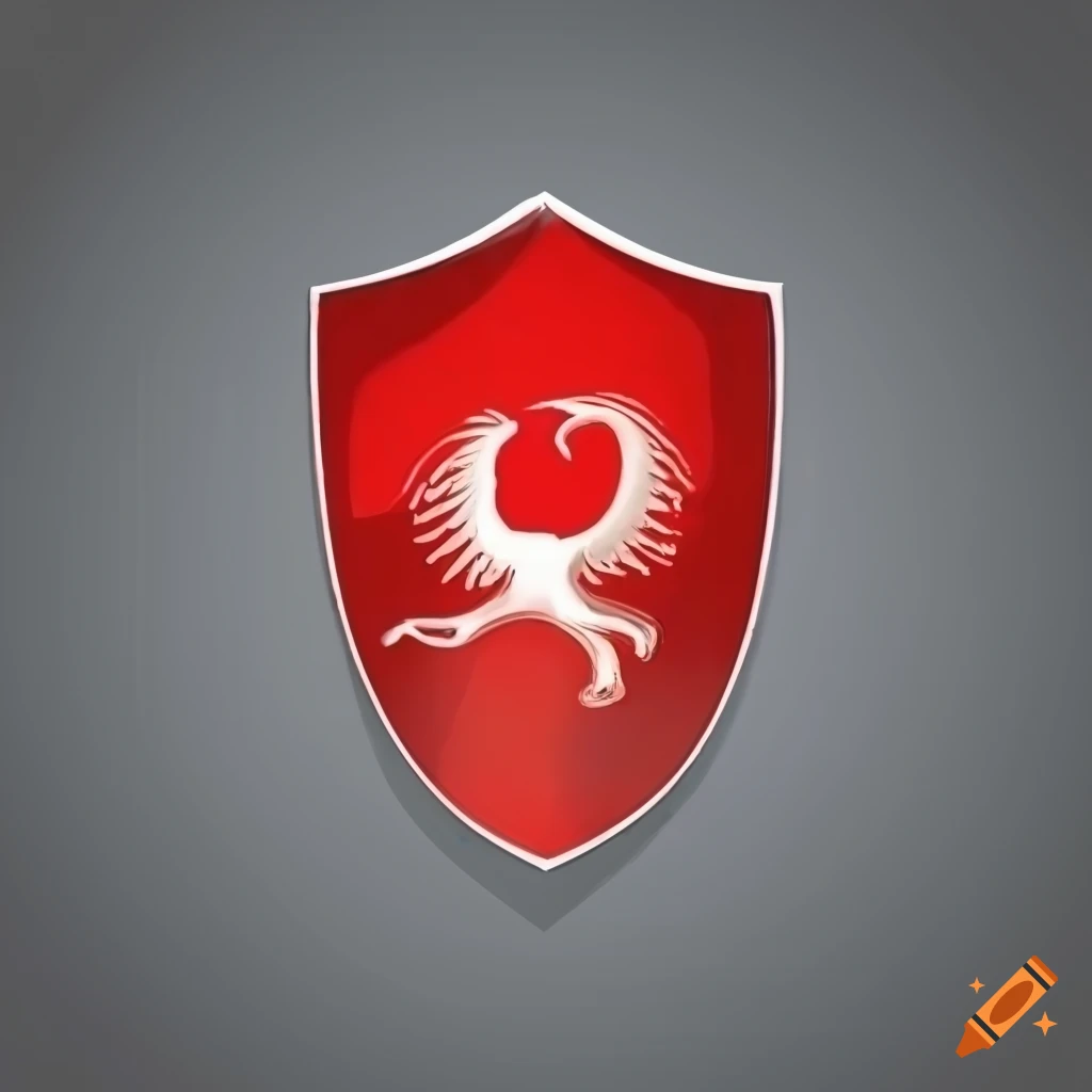 Logo on shield with red pyramids on grey background featuring a phoenix