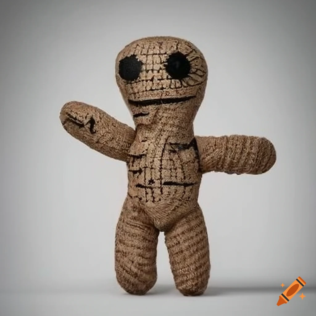 Museum-quality voodoo doll with unique features on white surface