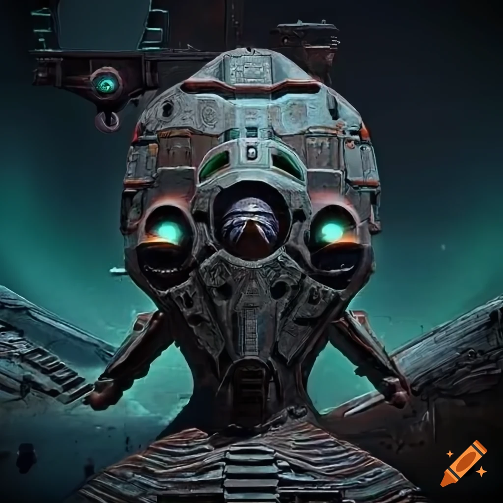 Surrealist scene of aliens inside an organic spaceship with strange machines and light boards
