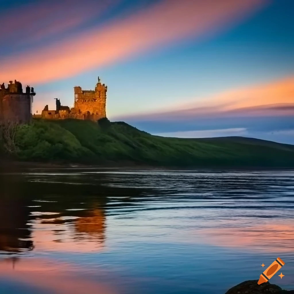 Tranquil scene with a Scottish castle by the lakeshore under a setting sun