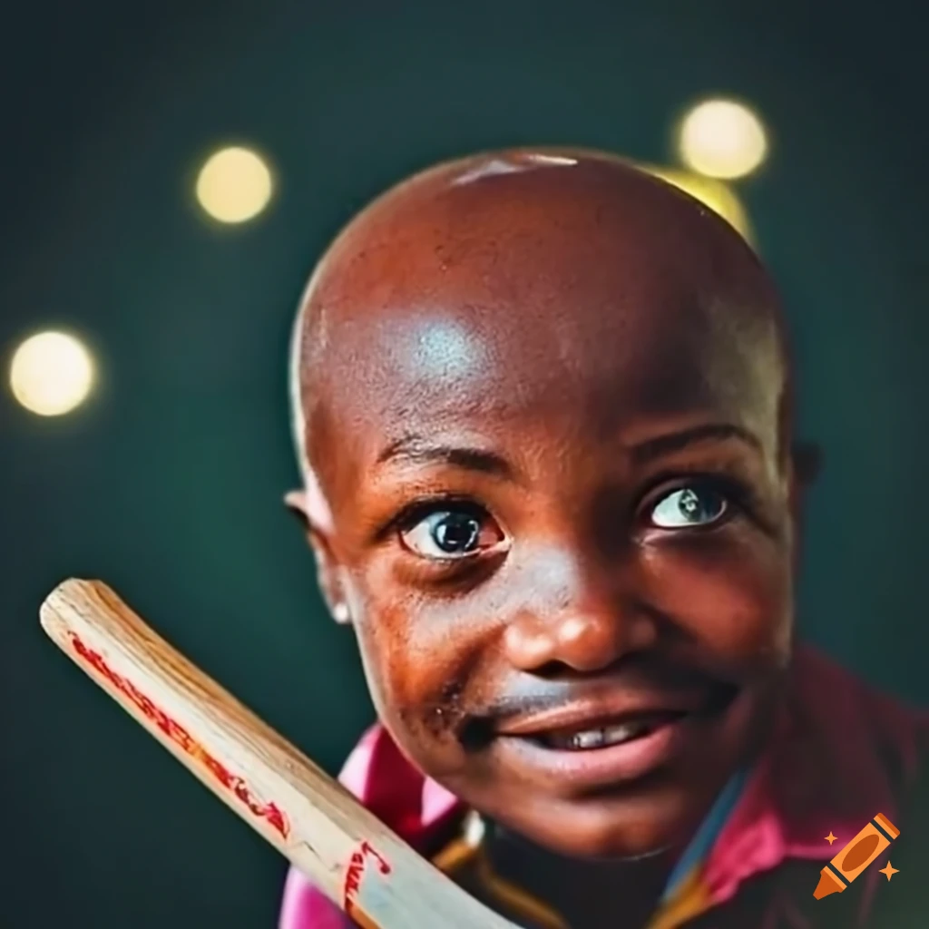Young Brian Lara holding a cricket bat with excitement