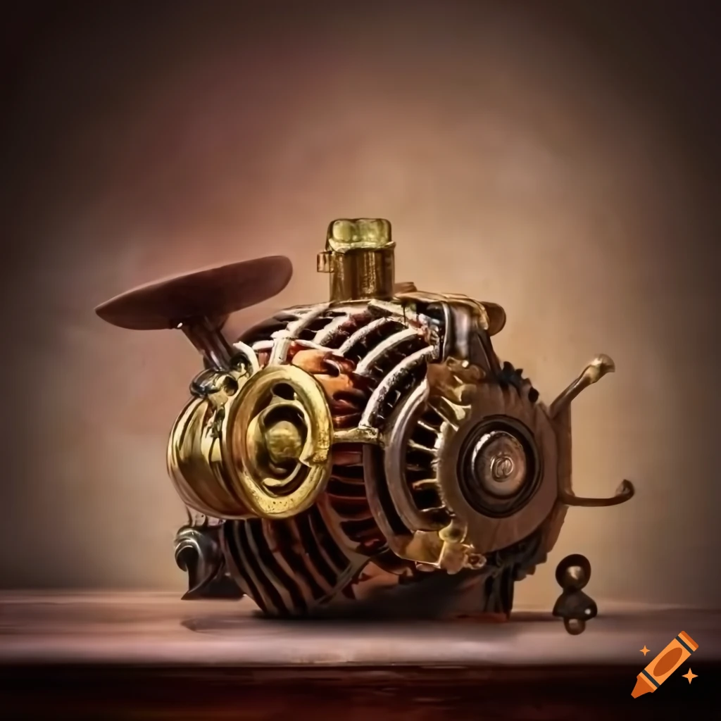 Steampunk car alternator with brass gears and top hat serving tea in a Victorian parlor