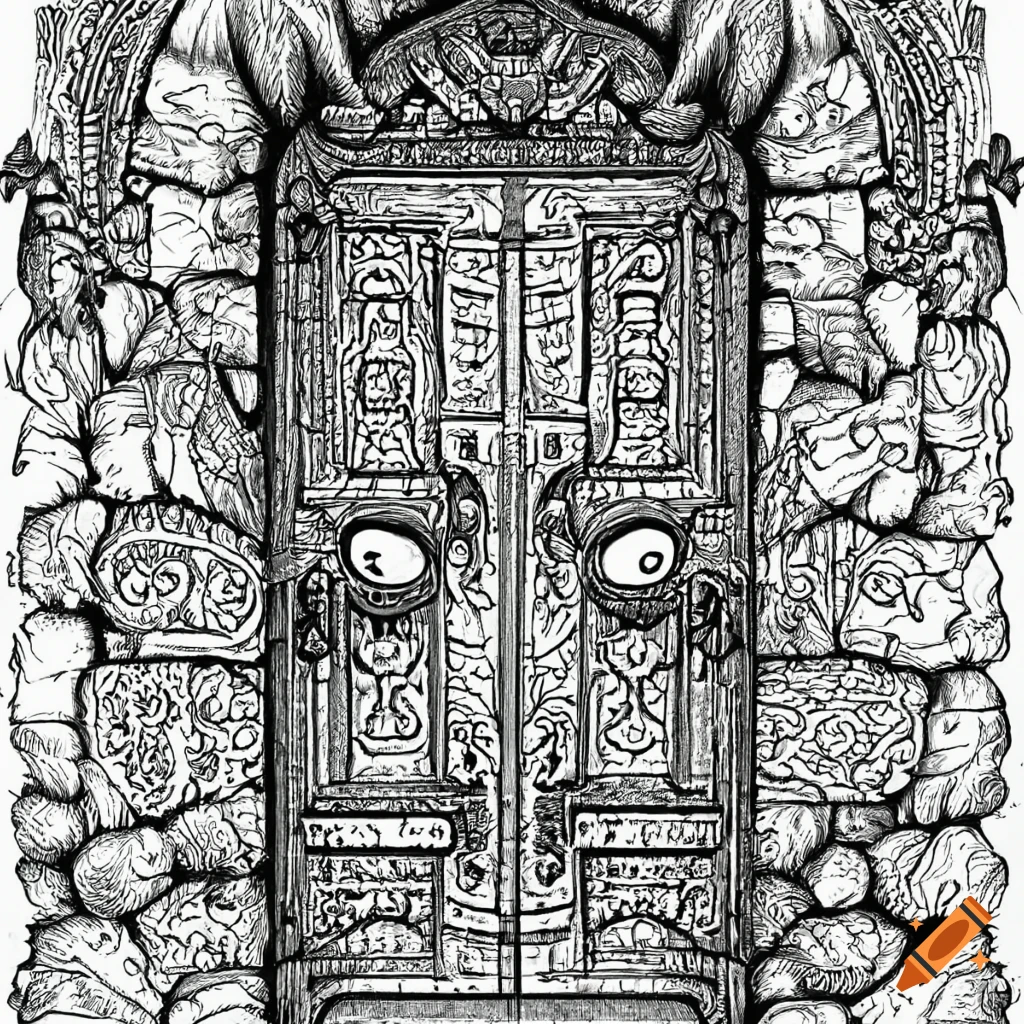 Double door dungeon entrance with fanged demon embellishments in black and white line art
