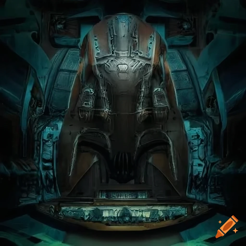 Surrealist aliens inside an asymmetrical organic spaceship with strange machines and light boards