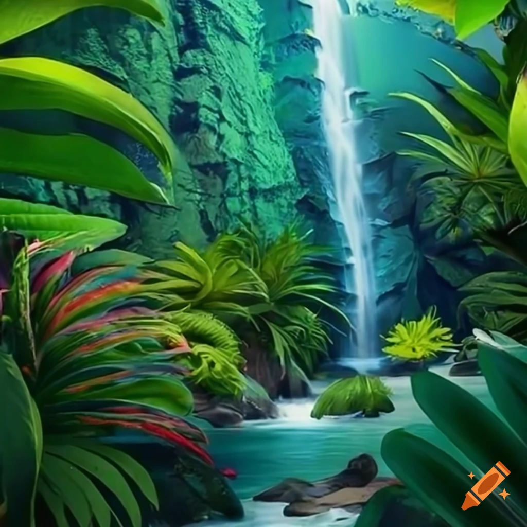 Serene tropical laptop background with lush greenery and a waterfall in a tranquil oasis