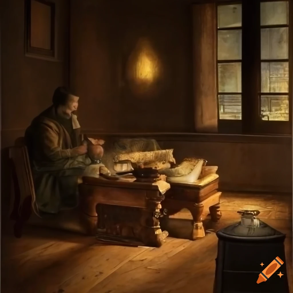1800 reading nook with a rifle and a gas lamp
