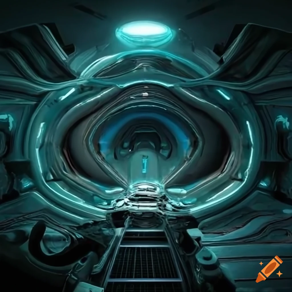 Surreal aliens inside an asymmetrical organic spaceship with strange machines and light boards