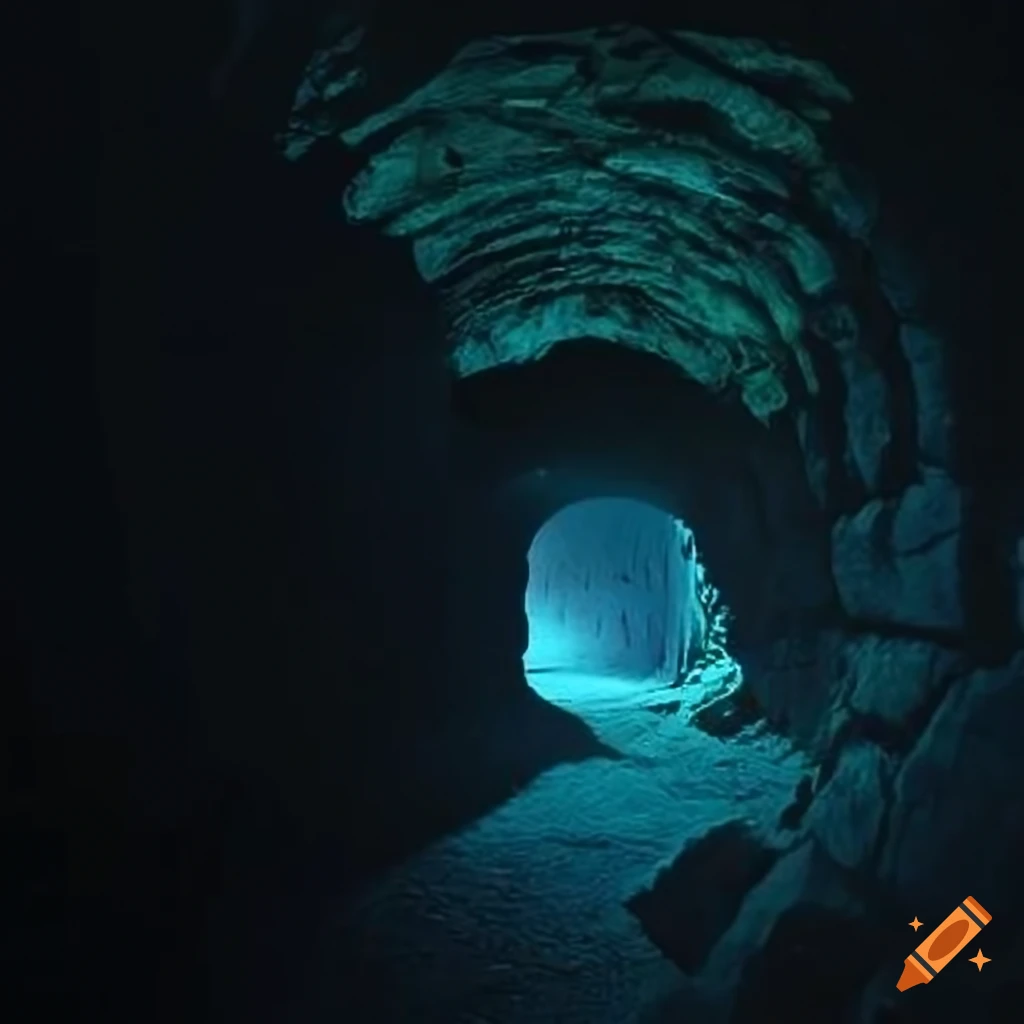 Underground tunnel with large smooth rock wall blocking the square opening