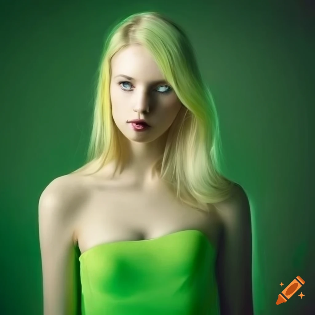 Blonde lady dressed in lime green clothing in a hyperrealistic style