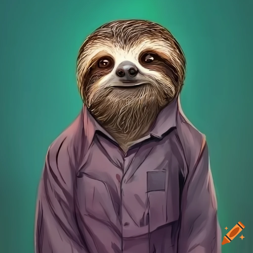 Anthropomorphic sloth in a shirt and tie in a utopia setting