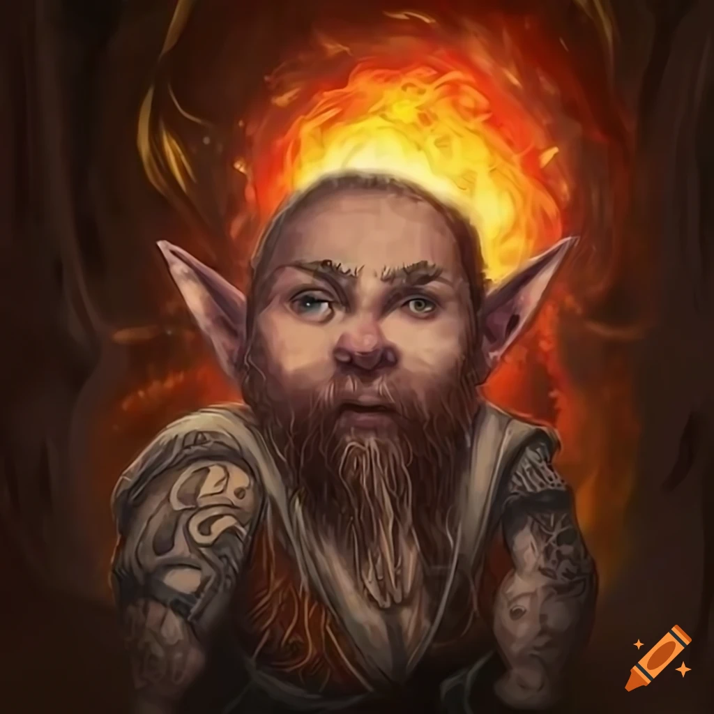 Male gnome halfling kineticist with unique features in a cave setting with fiery aura